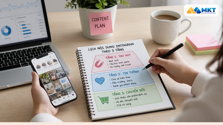 Lịch nội dung ba tầng giúp tăng tương tác Instagram đều đặn Màn hình điện thoại hiển thị bài đăng và biểu tượng tim để tăng tương tác Instagram