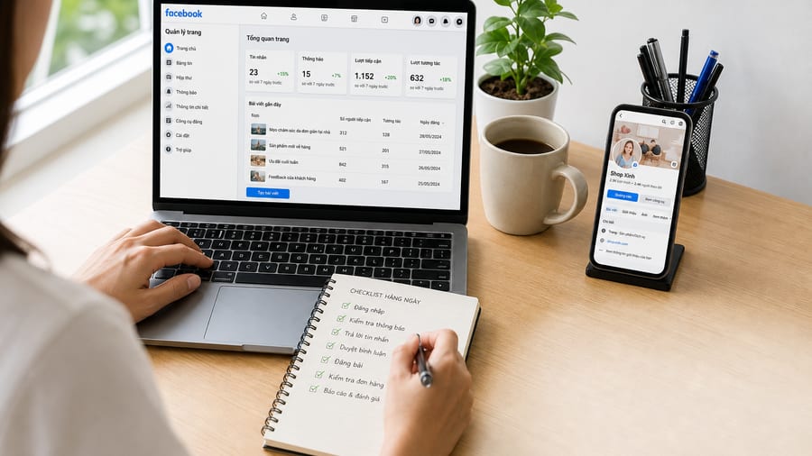 Nhân viên quản trị mạng xã hội đang chăm sóc tài khoản Facebook trên máy tính