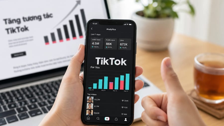 Tổng kết cách tăng tương tác tiktok qua tim và bình luận trên màn hình Biểu đồ và biểu tượng tim, bình luận trên màn hình điện thoại minh hoạ cách tăng tương tác TikTok