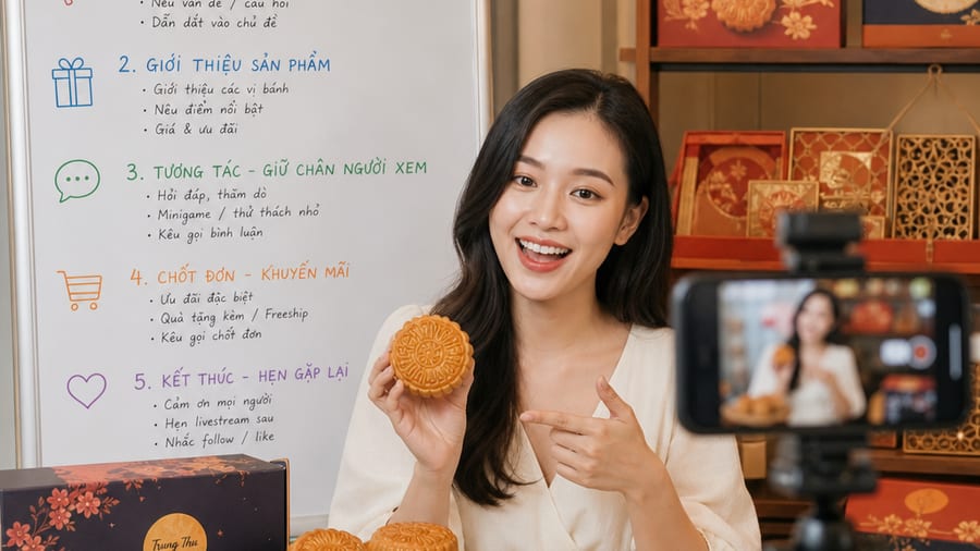 Khung kịch bản 5 phần: mẹo livestream bán bánh trung thu giữ tương tác Người bán giới thiệu khay bánh trung thu trước điện thoại trên tripod, kèm mẹo livestream bán bánh trung thu trên màn hình