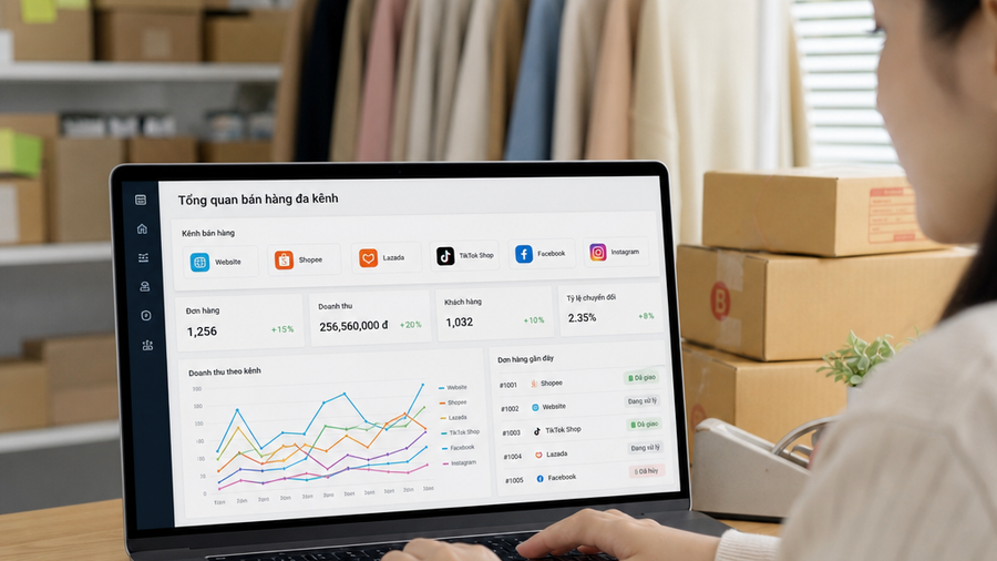 Minh hoạ bán hàng đa kênh với cửa hàng, website và sàn thương mại điện tử kết nối trên một hệ thống