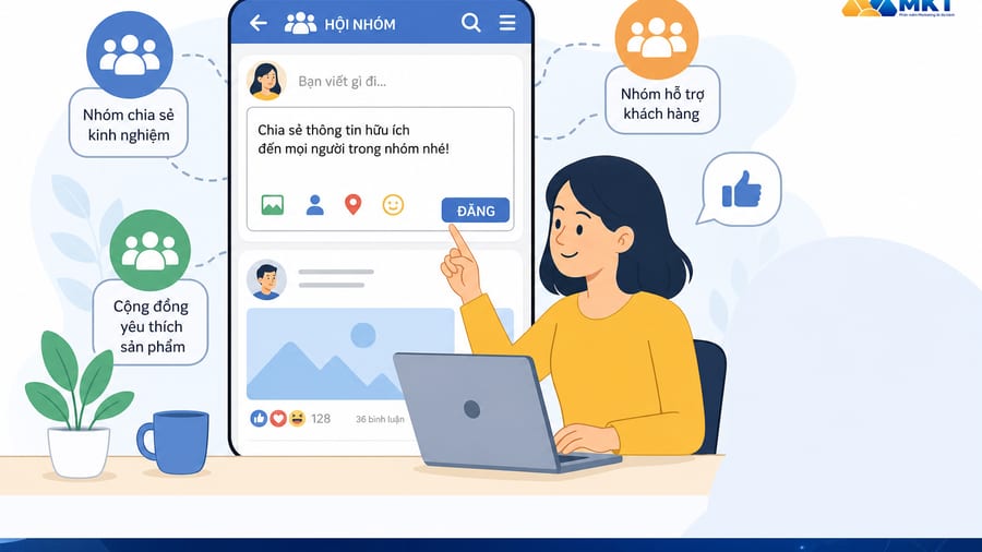 Người dùng đăng bài hội nhóm trên điện thoại với giao diện mạng xã hội