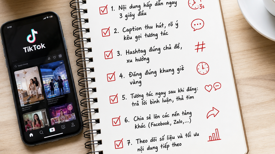 Checklist 60 phút đầu: tối ưu tương tác để tăng view tiktok rõ rệt Người cầm điện thoại xem TikTok, biểu đồ lượt xem tăng trên màn hình minh hoạ cách tăng view tiktok