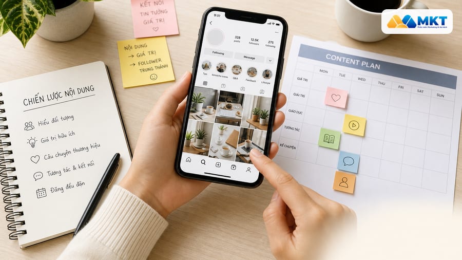 Nội dung hấp dẫn hỗ trợ tăng follow Instagram người thật bền vững Điện thoại hiển thị hồ sơ Instagram với biểu tượng tăng follow Instagram người thật