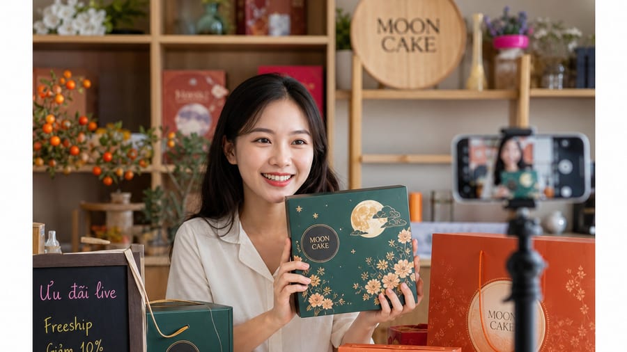 Tổng kết bộ mẹo livestream bán bánh trung thu: lên hình rõ hộp, chốt gọn Người bán giới thiệu hộp bánh trung thu trước điện thoại khi livestream, minh hoạ mẹo livestream bán bánh trung thu