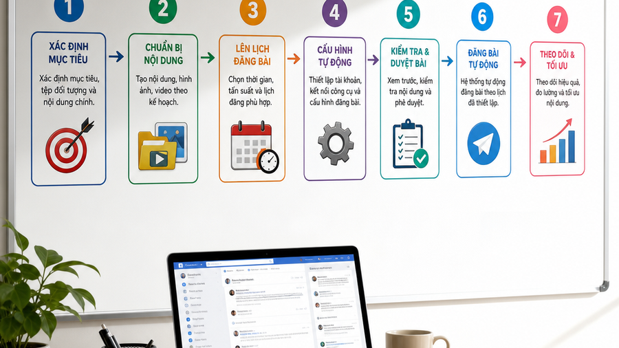Giao diện máy tính hiển thị công cụ đăng bài tự động fb với lịch đăng và danh sách bài viết đã lên lịch