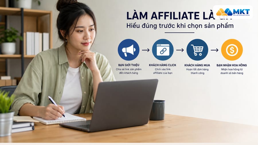 Sơ đồ minh họa làm affiliate là gì giữa nhà bán hàng, người tiếp thị và khách mua