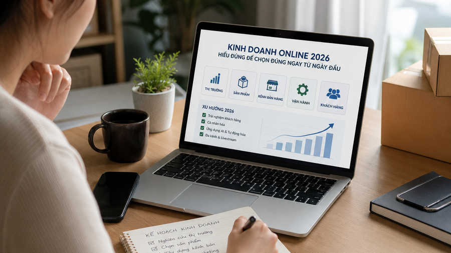 Chụp ảnh sản phẩm, đăng bài bán hàng ngay từ ngày đầu kinh doanh online 2026 Người bán hàng đang chụp ảnh sản phẩm và đăng bài kinh doanh online trên laptop bên cạnh điện thoại và hộp hàng