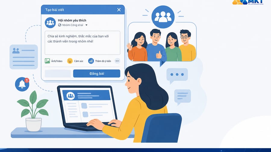 Màn hình điện thoại hiển thị giao diện đăng bài hội nhóm trên mạng xã hội