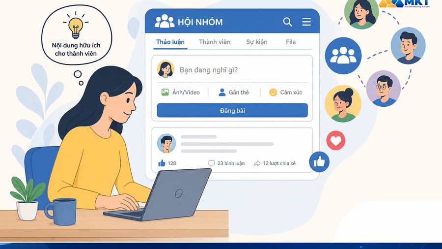 Người dùng soạn nội dung đăng bài hội nhóm trên laptop với biểu tượng mạng xã hội