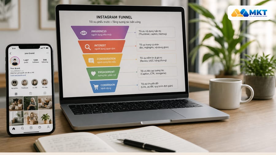Biểu đồ phễu nội dung giúp tăng tương tác Instagram bền vững Biểu đồ tăng tương tác Instagram bên cạnh điện thoại hiển thị lượt thích và bình luận