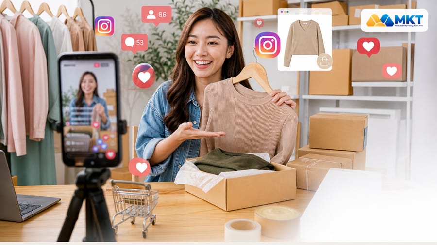Kích hoạt cộng đồng để tăng tương tác Instagram và bán hàng đa kênh Minh họa tăng tương tác Instagram với biểu tượng tim, bình luận và lượt chia sẻ trên điện thoại