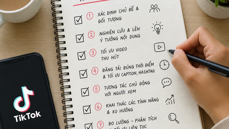 Checklist 7 bước tăng tương tác tiktok qua lướt feed và tối ưu video Người cầm điện thoại lướt TikTok, biểu đồ và biểu tượng tim tăng, minh hoạ cách tăng tương tác TikTok