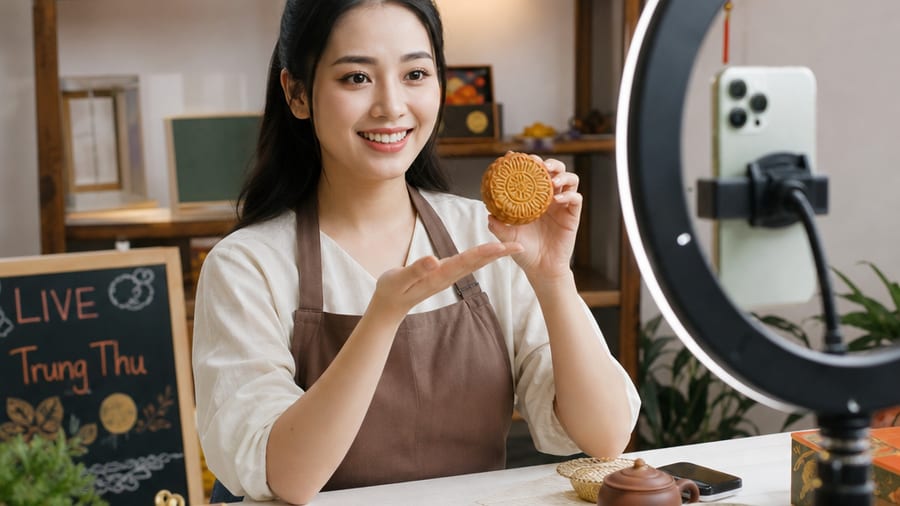 Chuẩn bị trước live: mẹo livestream bán bánh trung thu với đèn và tripod Người bán giới thiệu bánh trung thu trên điện thoại, chia sẻ mẹo livestream bán bánh trung thu trong phòng có đèn và tripod