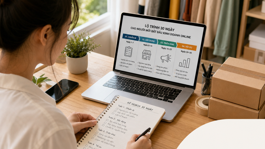 Theo lộ trình 30 ngày, chuẩn bị và xử lý đơn đầu tiên với laptop, hộp hàng Người bán thao tác trên laptop quản lý kinh doanh online, xung quanh là hộp hàng và điện thoại nhận đơn