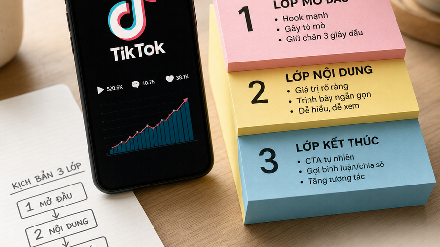 Khung kịch bản 3 lớp giúp tăng view tiktok tự nhiên, dễ giữ đúng tệp Điện thoại hiển thị trang TikTok với biểu đồ tăng trưởng, minh hoạ cách tăng view tiktok