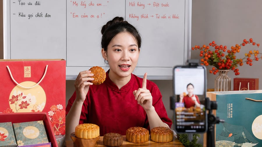 Cách chốt đơn nhanh: mẹo livestream bán bánh trung thu khi giới thiệu tại bàn trưng bày Người bán đứng trước bàn trưng bày bánh trung thu, giới thiệu sản phẩm trên điện thoại theo mẹo livestream bán bánh trung thu
