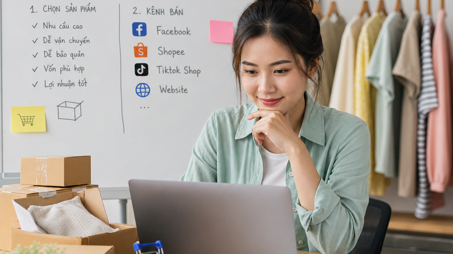 Chọn sản phẩm, kênh bán dễ vận hành khi quản lý đơn hàng trên laptop Người bán hàng dùng laptop quản lý kinh doanh online và đơn hàng trên bàn làm việc