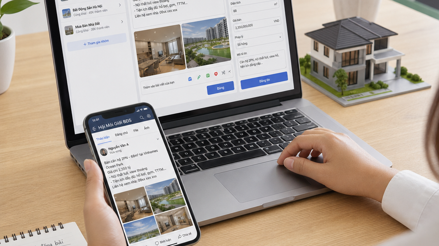 Người dùng điện thoại cài đặt đăng bài tự động fb với lịch đăng và nội dung bài viết trên màn hình
