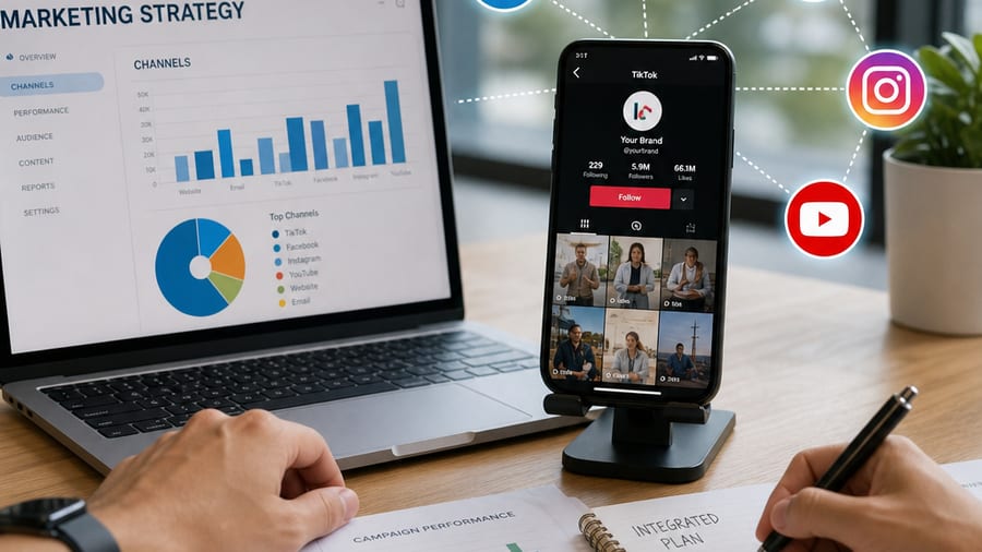 Biểu tượng tiktok trên màn hình điện thoại với các video ngắn đang phát
