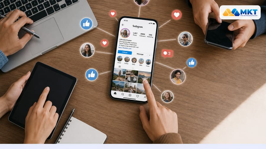 Kết nối cộng đồng đa kênh để tăng follow Instagram người thật Người dùng xem hồ sơ Instagram minh họa cách tăng follow Instagram người thật