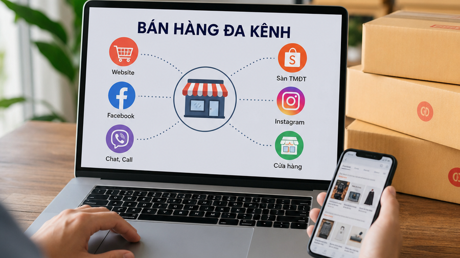Minh hoạ bán hàng đa kênh với biểu tượng website, mạng xã hội, sàn thương mại điện tử và cửa hàng kết nối đồng bộ
