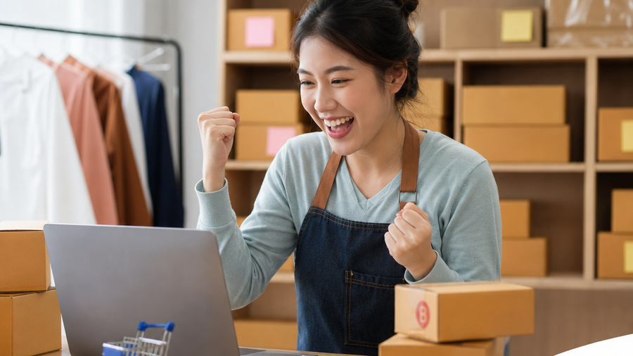 Tổng kết: đăng bài trên điện thoại để kinh doanh online 2026 ra đơn nhanh, gọn Người bán hàng đang chụp ảnh sản phẩm và đăng bài kinh doanh online trên điện thoại cạnh laptop