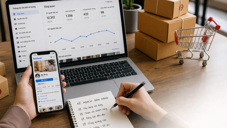 Nhân viên đang chăm sóc tài khoản Facebook trên máy tính với biểu đồ tương tác mạng xã hội