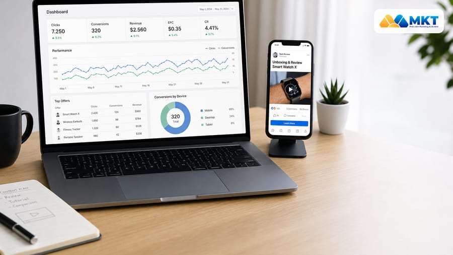 Người sáng tạo nội dung xem sơ đồ giải thích làm affiliate là gì trên máy tính