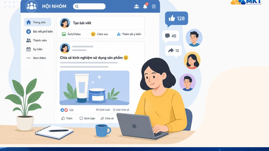 Người dùng đăng bài hội nhóm trên mạng xã hội bằng điện thoại